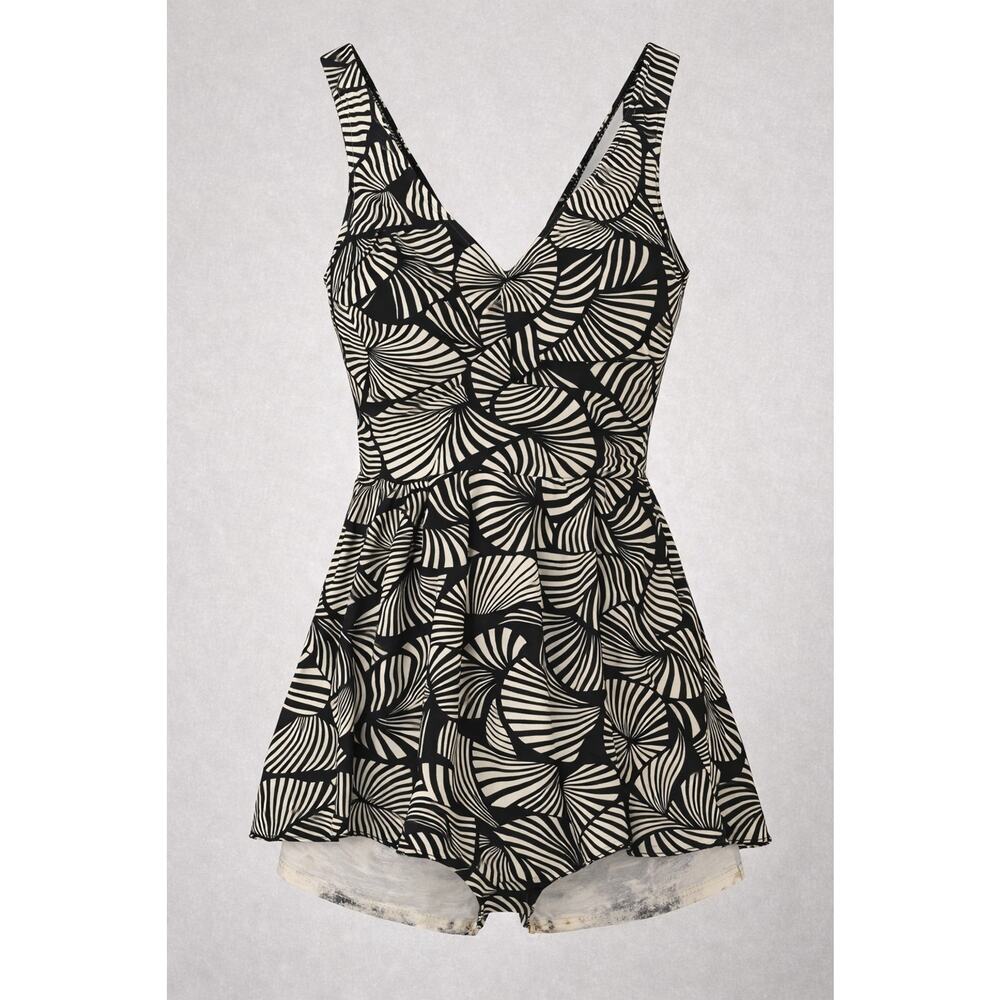 Azul Swim Dress Skirted One Piece Sz 14 Black Cream Abstract Tummy Control
